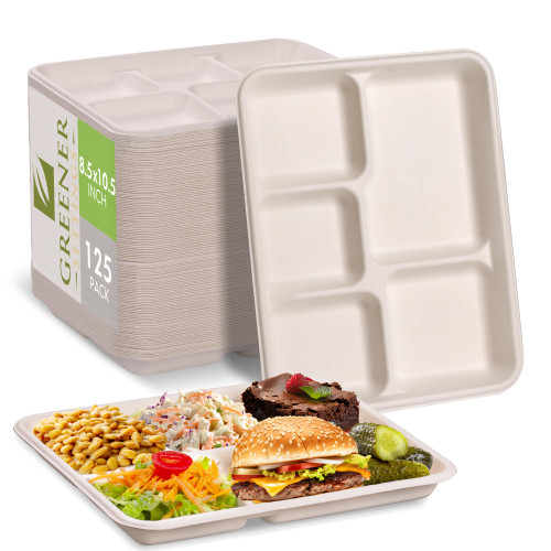 Greener Settings 100% Compostable 5 Compartment Plates - Eco-Friendly and Disposable Sugarcane Trays (125 Pack)
