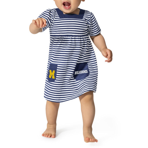 Little King NCAA Infant Girls Short Sleeve Striped Dress with Pockets-Michigan-Navy -6 Months