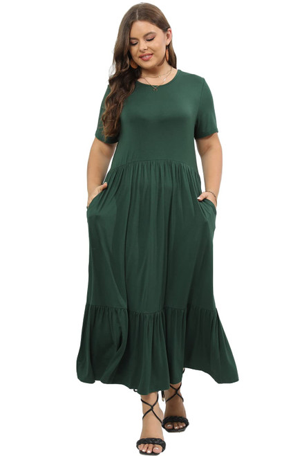 Women's Plus Size Summer Casual Short Sleeve Crewneck Dress Flowy Tiered Maxi Beach Dress with Pockets Dark Green