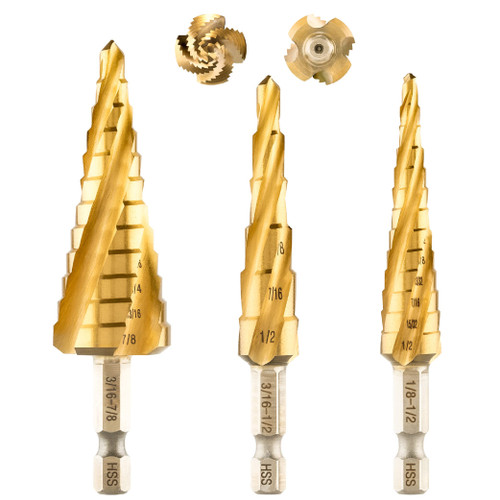 toolant Four Sprial Flute Step Drill Bit, 1/8"-7/8"(3pcs) Impact Ready Titanium Coated Unibit Step Bit, 1/4" Hex Shank Unibit for Metal, Stainless Steel, Aluminum, Wood, Plastic