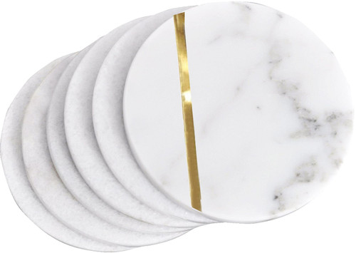 Coasters for Drinks Absorbent Set of 6 Coaster White Marble Coasters for Drinks Marble Decors White Marble Coaster for Home Decor (Round with Brass (4 Inch))