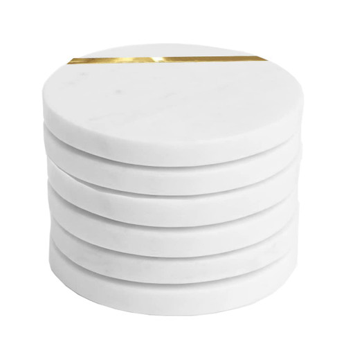 Marble Coasters for Drinks Set of 6 Coaster Modern Coasters for Drinks Marble Decors White Marble Coaster for Home Decor-Round with Brass