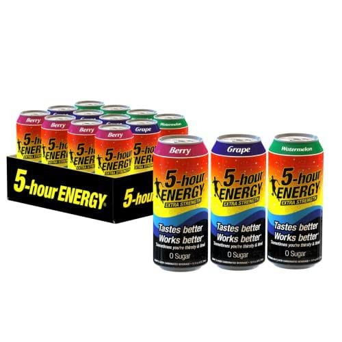 5-hour ENERGY Extra Strength Energy Drink | Variety Pack | Berry, Grape and Watermelon Flavor | 16 oz. Cans | 12 Count | Sugar-Free & Zero Calories | Vitamins & Amino Acids | Contains Carbonation & 230mg of Caffeine 5-hour ENERGY Extra Strength Energy Drink | Variety Pack | Berry, Grape and Watermelon Flavor | 16 oz. Cans | 12 Count | Sugar-Free & Zero Calories | Vitamins & Amino Acids | Contains Carbonation & 230mg of Caffeine