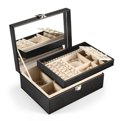 Emibele Jewelry Boxes for Women, 2-Layer Jewelry Organizer Box with Large Mirror, PU Leather Jewelry Storage with Lockable Design, Jewelry Case for Earring, Ring, Bracelet, Necklace, Black Emibele Jewelry Boxes for Women, 2-Layer Jewelry Organizer Box with Large Mirror, PU Leather Jewelry Storage with Lockable Design, Jewelry Case for Earring, Ring, Bracelet, Necklace, Black