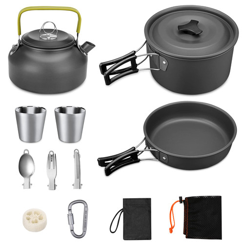 G4Free 13PCS Camping Cookware Mess Kit Campfire Kettle Outdoor Hiking Backpacking Picnic Cooking Pot Pan Bowl, Mini Stove, Stainless Steel Cup, Knife Spoon Set