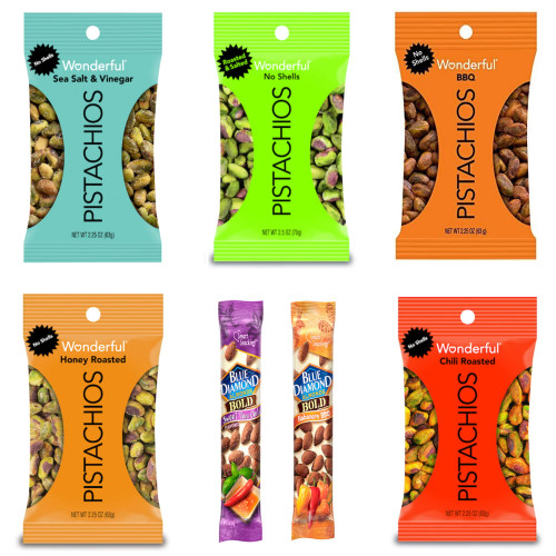 Wonderful Pistachios No Shell Variety Pack- 5 Pistachios Individual Packs Plus 2 Packs of Blue Diamond Almonds by Snackivore. Flavored Pistachios Include: Chili Roasted Pistachios and More. Wonderful Pistachios No Shell Variety Pack- 5 Pistachios Individual Packs Plus 2 Packs of Blue Diamond Almonds by Snackivore. Flavored Pistachios Include: Chili Roasted Pistachios and More.