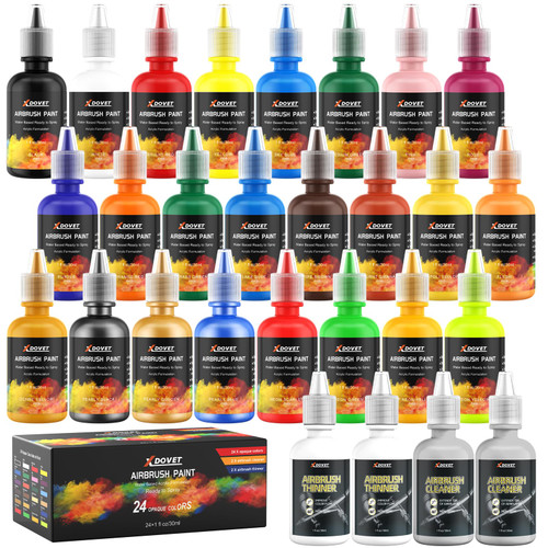 Airbrush Starter Paint Set & Airbrush Paint Thinner Bundle - Non-Toxic Water Based Acrylic Airbrush Paint Set, Flow Improver and Airbrush Medium for Miniature Wargaming (24 Colors Set)