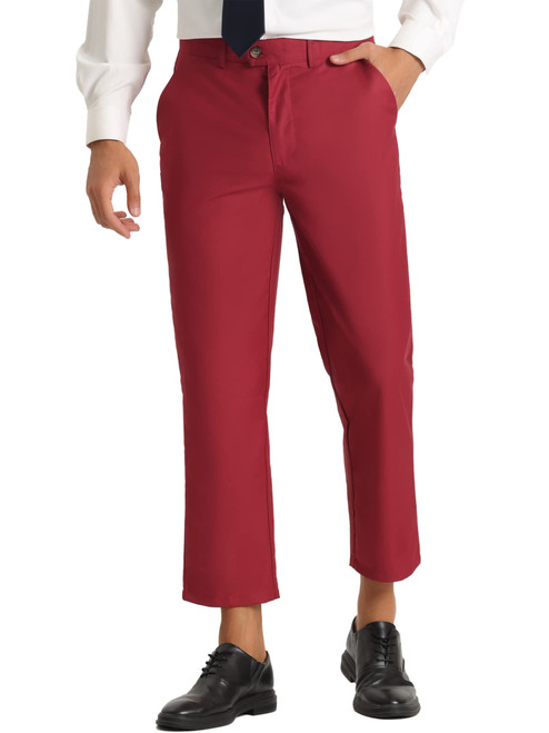 Lars Amadeus Men's Cropped Dress Pants Flat Front Solid Ankle-Length Trousers 28 Burgundy