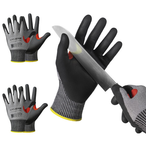 MANUSAGE A5 Cut Resistant Gloves, Comfortable, Touchscreen, Durable, Breathable, Machine Washable, Anti-cut Work Gloves with Firm Grip for Kitchen,Construction; Red reinforcement, 3 pair, XL