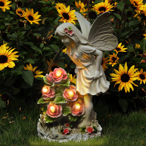 Voveexy Garden Figurines Angel Garden Statue Outdoor Decor, Solar Powered Resin Sculpture with 5 LEDs Art Decoration for Patio Lawn Yard Porch, Ornament Housewarming Garden Gift, 12.8 x 7.5 x 6.1 Inch