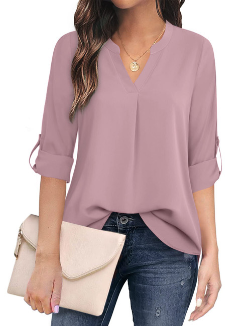 Timeson Chiffon Blouse for Women,Casual V Neck Tunics Blouse Tops Ladies Cuffed 3/4 Sleeve Office Work Shirts Elegant Soft Pleats Fitted Top Dressy Professional Clothes Dark Pink XL