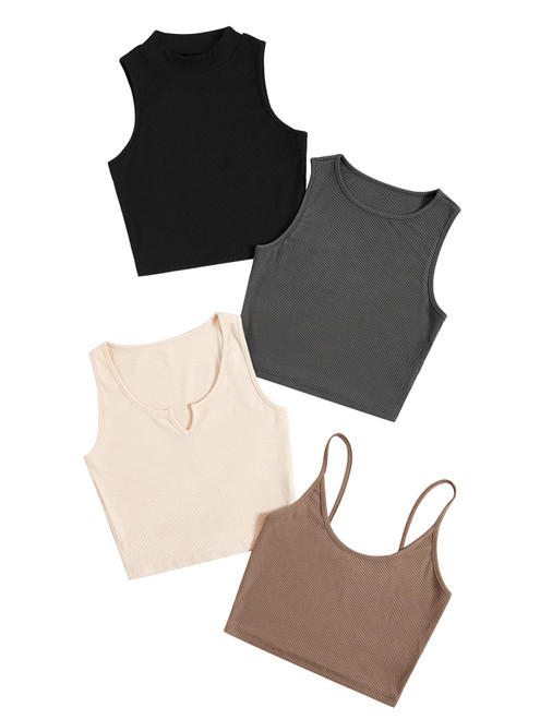 GORGLITTER Women's 4 Piece Ribbed Knit Crop Tops Pack Basic Sleeveless Casual Cami Crop Tank Top Black White Grey Brown Large GORGLITTER Women's 4 Piece Ribbed Knit Crop Tops Pack Basic Sleeveless Casual Cami Crop Tank Top Black White Grey Brown Large