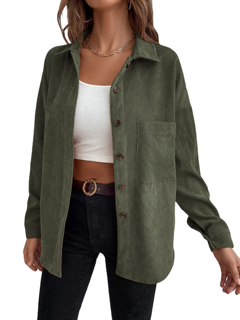 Floerns Women's Casual Long Sleeve Button Down Corduroy Shirt Blouse Top Army Green S