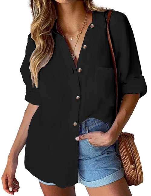 HOTOUCH Womens Black Shirt Button Down Casual Fit Long Sleeve 100% Cotton Work Blouses Black XXL