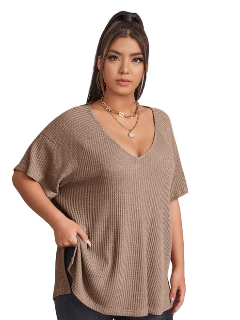 SOLY HUX Women's Plus Size V Neck Short Sleeve Tee Split Hem Waffle Knit Oversized Casual Loose Summer Basic T Shirt Tops Pure Mocha Brown 5XL