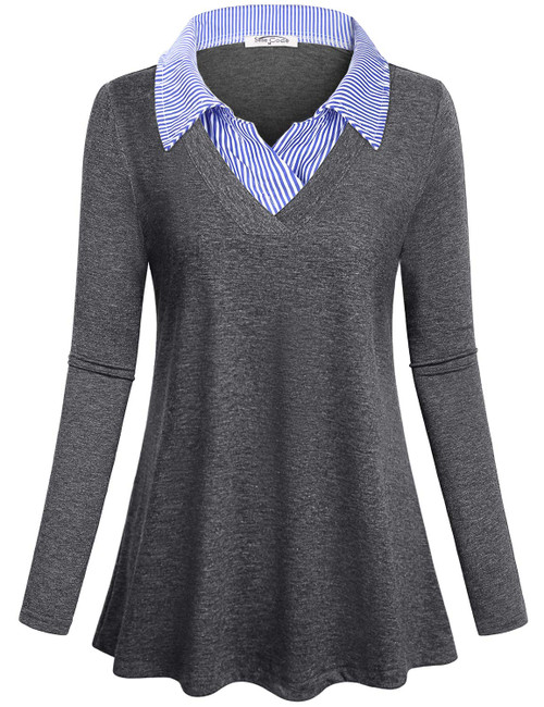 SeSe Code Swing Tunic Women Long Sleeve Fashion Blouse V Neck Pleated Solid Color Garment Slim Fit Regular Collar Durable Sophisticated Grey Shirts Casual XXL