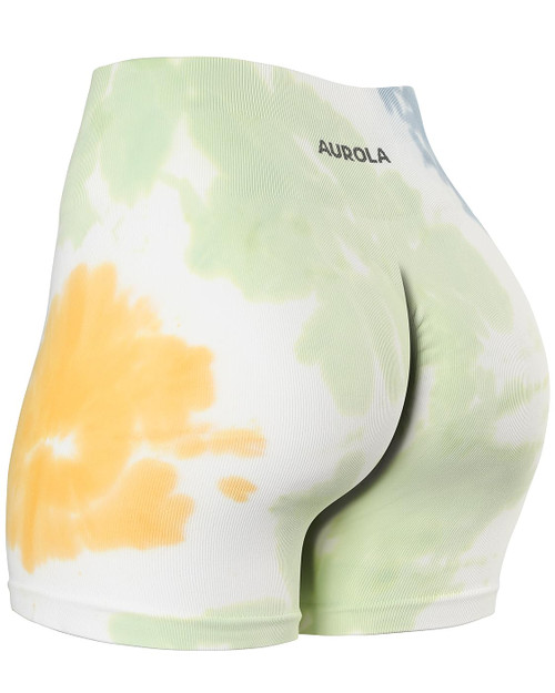 AUROLA Power Tie Dye Workout Shorts for Women Ribbed Thick Seamless Scrunch Active Fitness Short,#1 Tie Dye Green/Blue/Orange,M