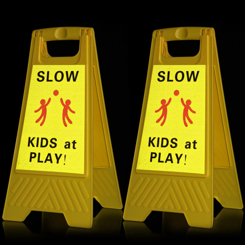 2Pack Reflective Kids Play Signs, 24in Slow Down Kids at Play Sign Double Sided, Day and Night Foldable Caution Children Playing Safety Road Signs for Street Neighborhood Yard School Park Sidewalk Driveway