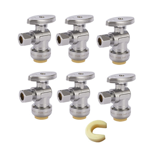 GUOFIS 6 Pack Push Fit 1/4 Turn Angle Stop Valve,1/2 Push X 3/8 Inch Compression Water Shut Off Valves with Disconnect Clip,Push to Connect Fittings for PEX, Copper, CPVC