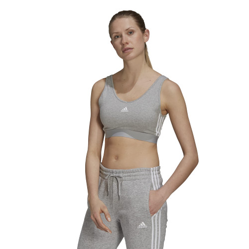 adidas Women's Essentials 3-Stripes Crop Top with Removable Pads, Medium Grey Heather/White, Small