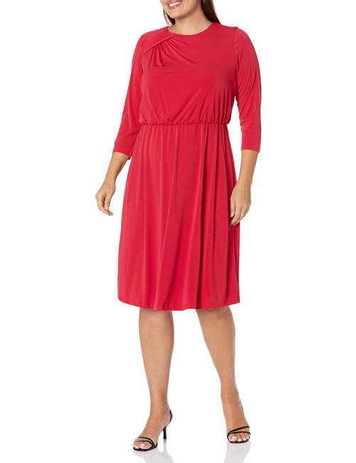 London Times Women's Versatile Jewel Draped Neck Blouson 3/4 Sleeve Jersey Dress, Ruby Red, 8