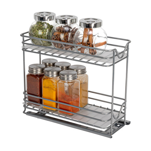 Household Essentials Glidez Paint-Finished Steel Pull-Out/Slide-Out Storage Organizer with Plastic Liners for Spice Rack Use - 2 -Tier Design - Fits Standard Size Cabinet or Shelf, Brushed Nickel