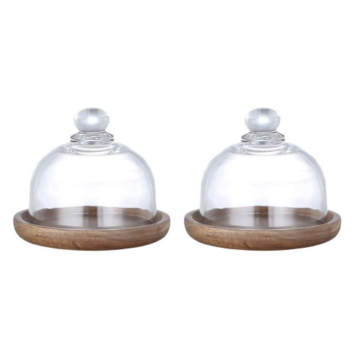 2Pcs food dome Cake Stand with Dome Cover, Round Cake Plate Server Platter Clear Wood Server Cake Stand with Glass glass bell jar Dome clear cake dome