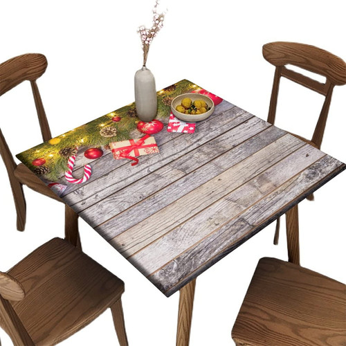 Christmas Square Fitted Polyester Tablecloths, Wood Grain Christmas Holly Elastic Edge Home Decor Table Cover, Waterproof Stain Resistant Tablecloth For Indoor Outdoor Party Use, Fits 30" x 30" Table