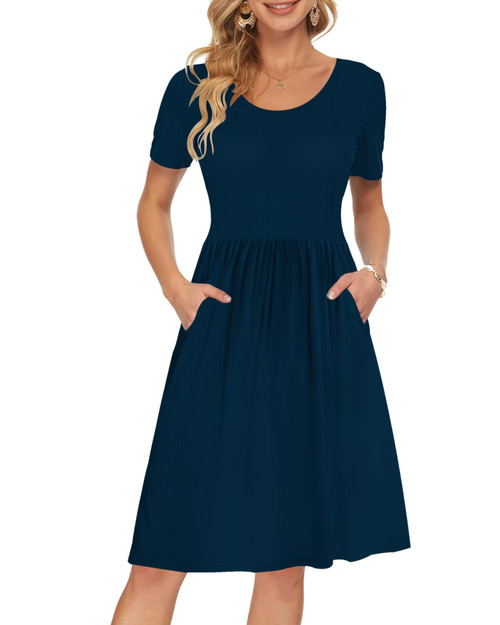 AUSELILY Women's Solid Plain Short Sleeve Pockets Empire Waist Pleated Loose Swing Casual Flare Dress Indigo (XL,Navy Blue) AUSELILY Women's Solid Plain Short Sleeve Pockets Empire Waist Pleated Loose Swing Casual Flare Dress Indigo (XL,Navy Blue)