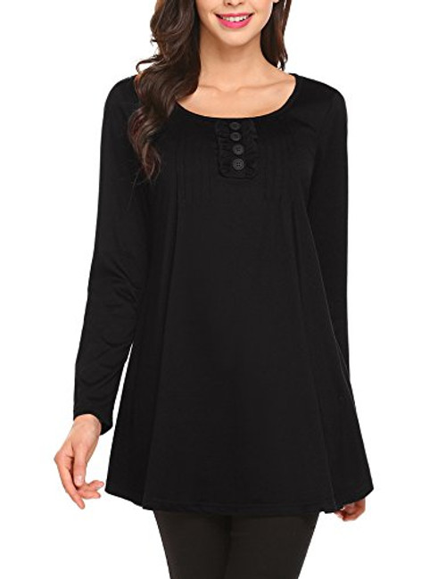 Pasttry Women Casual Long Sleeve Button Up Loose Swing A-Line and Flare Midi T Shirt Black S