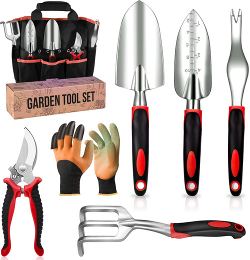 Garden Tool Set - Aluminum Alloy Heavy Duty Gardening Tool Set | Gardening Set of Tools with Ergonomic Handle and Bag | Ideal Garden Tools Set | Gardening Kit Gift for Women and Men - Red