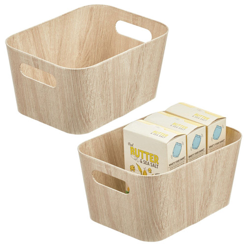 mDesign Wood Print Food Bin Box with Handles - Rustic Basket for Kitchen and Pantry Vegetable and Potato Storage - Perfect for Garlic, Onions, Fruit, and More - 12" Long - 2 Pack - White