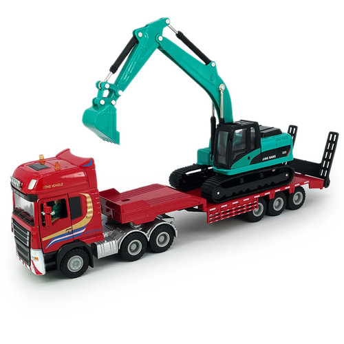 Flatbed Truck Toy with Crawler Excavator Toy Tractor Semi Tow Truck Transport Trailer Metal Diecast Construction Vehicles 2 in 1 Vehicle Playset Friction Powered Toy Trucks for Boys Kids Gift