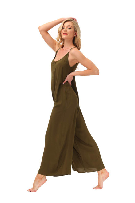 wexcen Womens Floral Printed Jumpsuits Casual Sleeveless Spaghetti Strap Rompers Wide Leg Pants with Two Pockets (Olive Green, M)