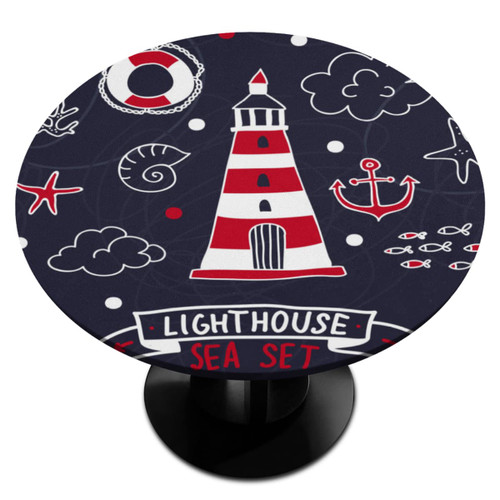 Nautical Cute Set with Lighthouse Round Fitted Tablecloth with Elastic Edged Wipeable Table Cover Table Protector for Dining Kitchen Picnic Party Fit Table 36"-42" R