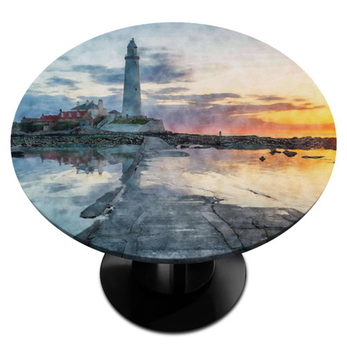 Sunrise Over The Lighthouse Round Fitted Tablecloth with Elastic Edged Wipeable Table Cover Table Protector for Dining Kitchen Picnic Party Fit Table 36"-42" R