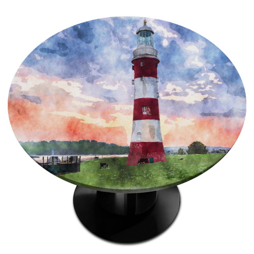 Watercolor Lighthouse Round Fitted Tablecloth with Elastic Edged Wipeable Table Cover Table Protector for Dining Kitchen Picnic Party Fit Table 36"-42" R