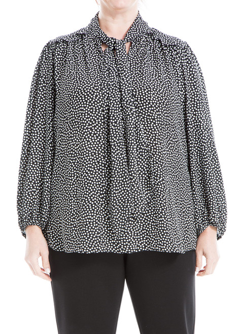 Max Studio Women's Plus Size 3/4 Sleeve V-Neck Tie Blouse, Black/Ivory Large Posie Polka Dot Allover, 2X