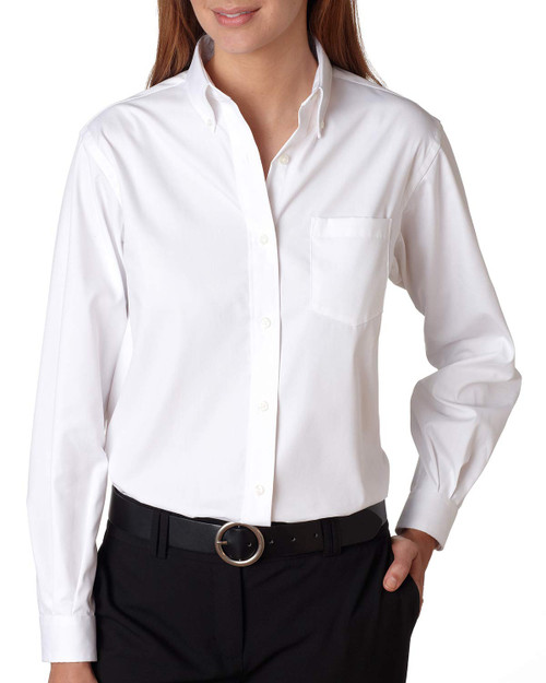 Van Heusen Women's Wrinkle Free Pinpoint Oxford Shirt, White, Large