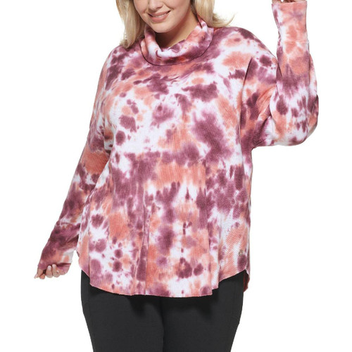 Calvin Klein Performance Womens Plus Thermal Tie Dye Turtleneck Top Red 3X