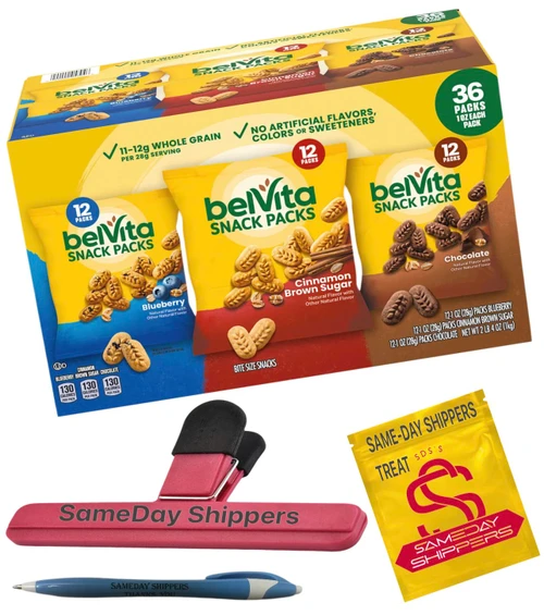 BelVita Breakfast Biscuits Variety Packs | 3 Natural Flavors - 12 Chocolate belVita Snack Packs, 12 Cinnamon Brown Snack Packs, and 12 Blueberry Snack Packs | Sameday Shippers offers Free Pen, Bag and SameDay Shippers Branded Bag Clip
