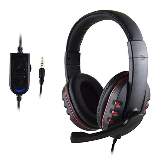 PAVAREAL 3.5mm Wired Over-head Stereo Headband Gaming Headset Headphone with Mic Microphone, Volume Control for SONY PS4 PC Tablet Laptop Smartphone (RED+BLACK)