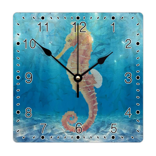godblessign Seahorse Sea Life Wall Clock Beach Square Clocks Welcome Beach Wall Clocks Battery Operated 12 Inch Silent Rustic Cabin Wall Home Decor Living Room Bedroom Office Decor