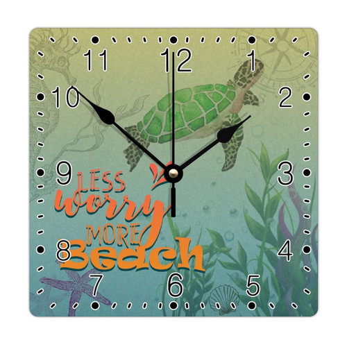 godblessign Sea Life Sea Turtle Wall Clock Beach Square Clocks The Beach is Happy Place 12 Inch Wooden Wall Clocks Battery Operated Rustic Cabin Wall Home Decor Living Room Bedroom Office Decor