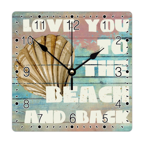 godblessign Sea Life Shell Conch Wall Clock Beach Square Clocks Summer Beach Decorative Clocks Battery Operated 12 Inch Non-Ticking Rustic Cabin Wall Home Decor Living Room Bedroom Office Decor