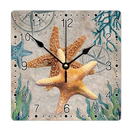godblessign Ocean Theme Starfish Wall Clock Beach Square Clocks Unwind Wall Clocks Battery Operated 12 Inch Silent Rustic Cabin Wall Home Decor Living Room Bedroom Office Decor