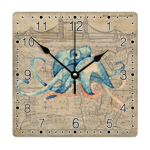 godblessign Sea Life Octopus Wall Clock Beach Square Clocks Life's A Beach 12 Inch Wall Clocks Battery Operated Silent Non-Ticking Rustic Cabin Wall Home Decor Living Room Bedroom Office Decor