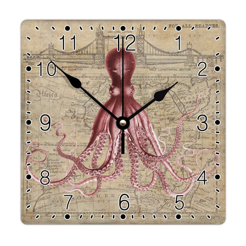 godblessign Octopus Sea Life Wall Clock Beach Square Clocks Sea Turtle Wisdom 12 Inch Wall Clocks Battery Operated Non-Ticking Country Cabin Wall Home Decor Living Room Bedroom Office Decor