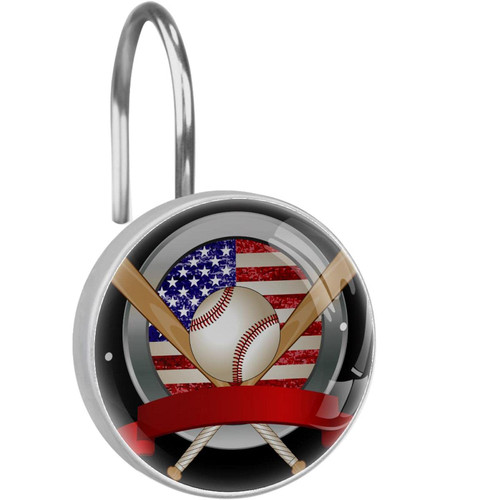 Baseball with American Flag Pattern Shower Curtain Hooks Round Crystal Glass, Set of 12 Shower Curtain Rings - Shower Hooks for Curtain Shower Rings