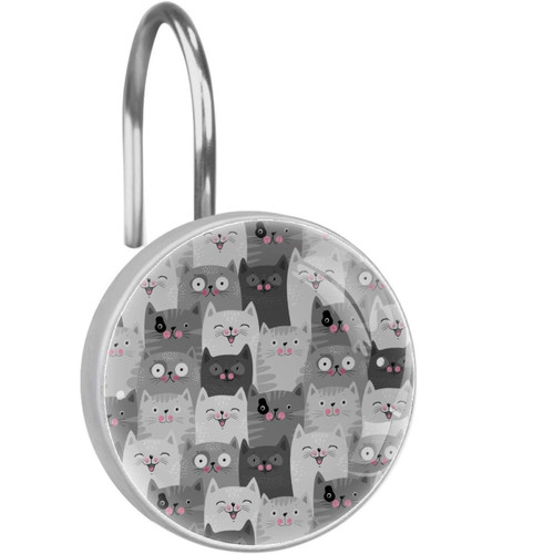 Smiling Cat Shower Curtain Hooks Round Crystal Glass, Set of 12 Shower Curtain Rings - Shower Hooks for Curtain Shower Rings